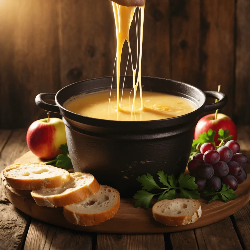 A bubbling pot of fondue made with Gruyere cheese, surrounded by bread cubes for dipping, creating a creamy, flavorful treat.